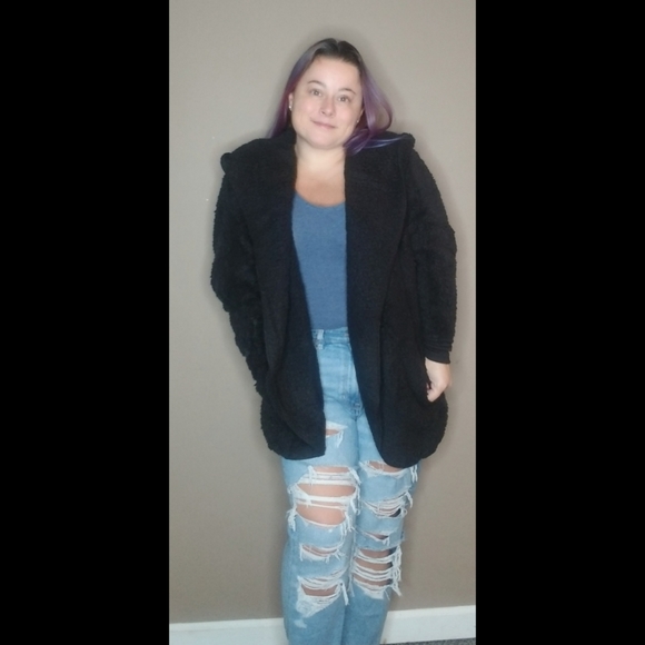 5⭐ black oversized fuzzy sherpa faux fur hooded open front cardigan pockets - Picture 9 of 9